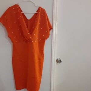 TUNI Chic Orange Midi Dress with White Dots